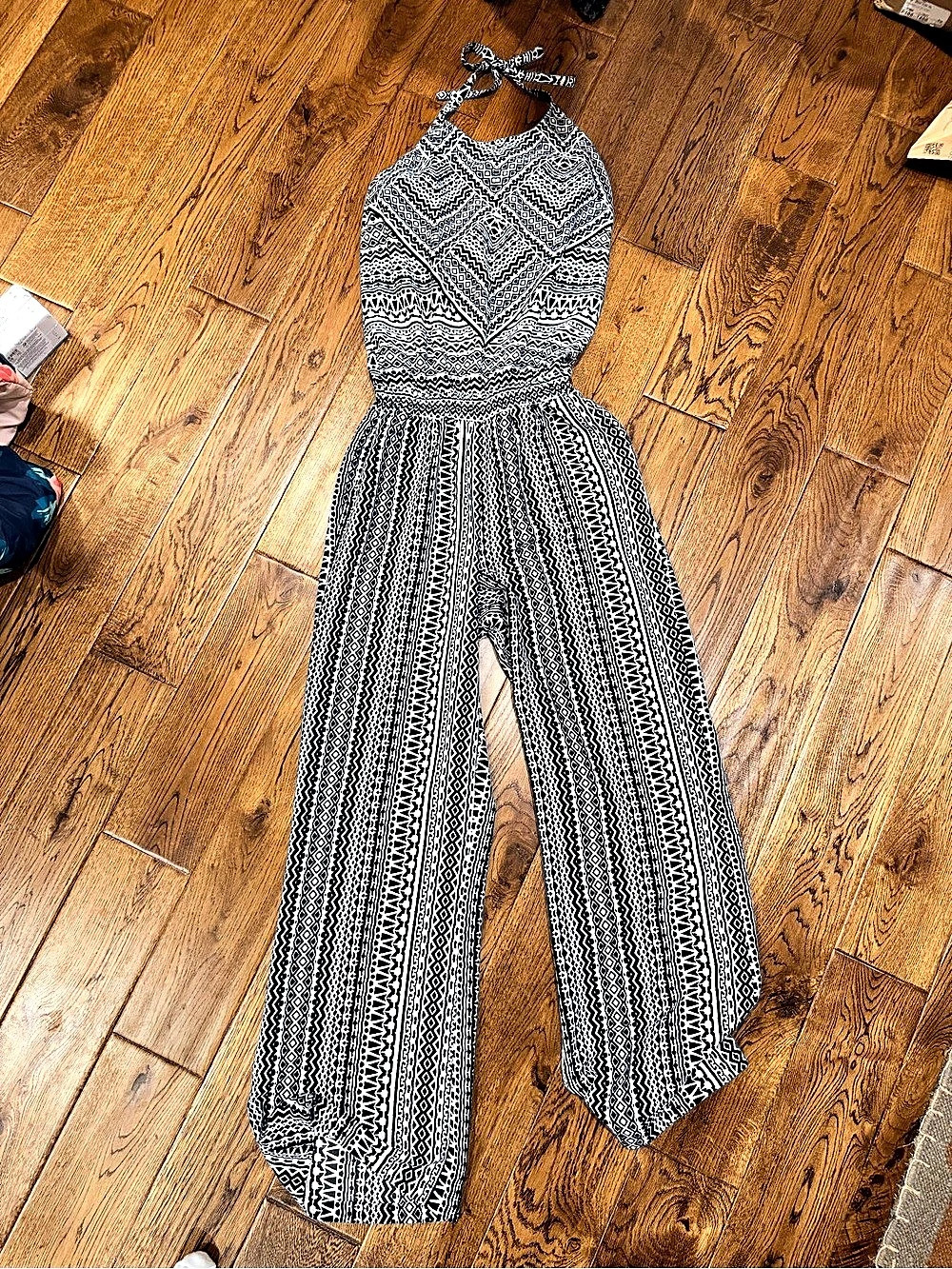 Women's Geometric Halter Jumpsuit in Black & White